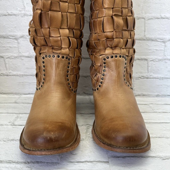 Frye Knee High Boots Light Brown Basket Weave Leather Heels 8 B - Picture 2 of 10